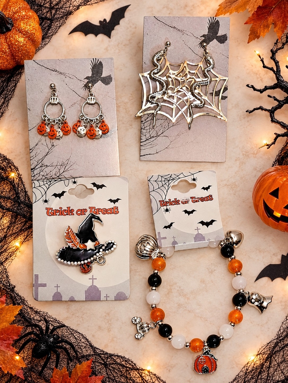 Halloween Jewelry Ensemble- Charm Bracelet, Brooch, Earrings Silver Tone